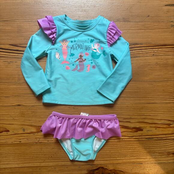 Cat & Jack teal mermaid rash guard two piece ruffle swimsuit SIZE 2T - Picture 1 of 6